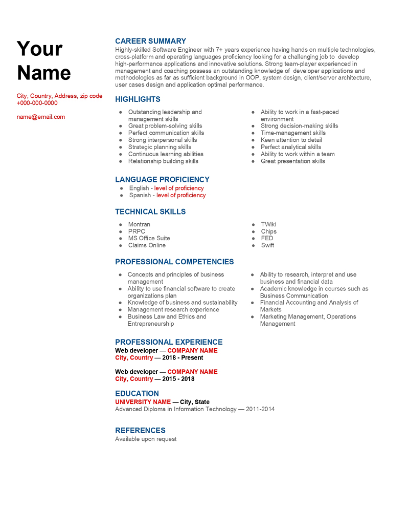 example of employment resume